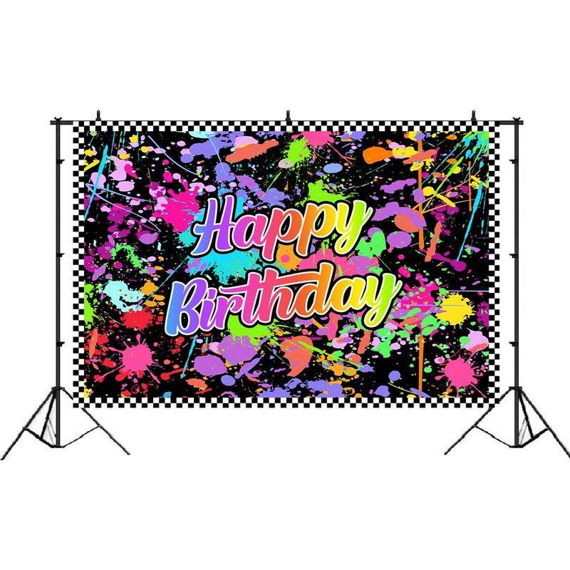 Lofaris Neno Glow in The Dark Birthday Party Photography Backdrops Colorful Graffiti Splash Paint Background Slime Happy Birthday Black Light Sleppover Party Banner Decor for Kids Birthday Supplies - Image 2